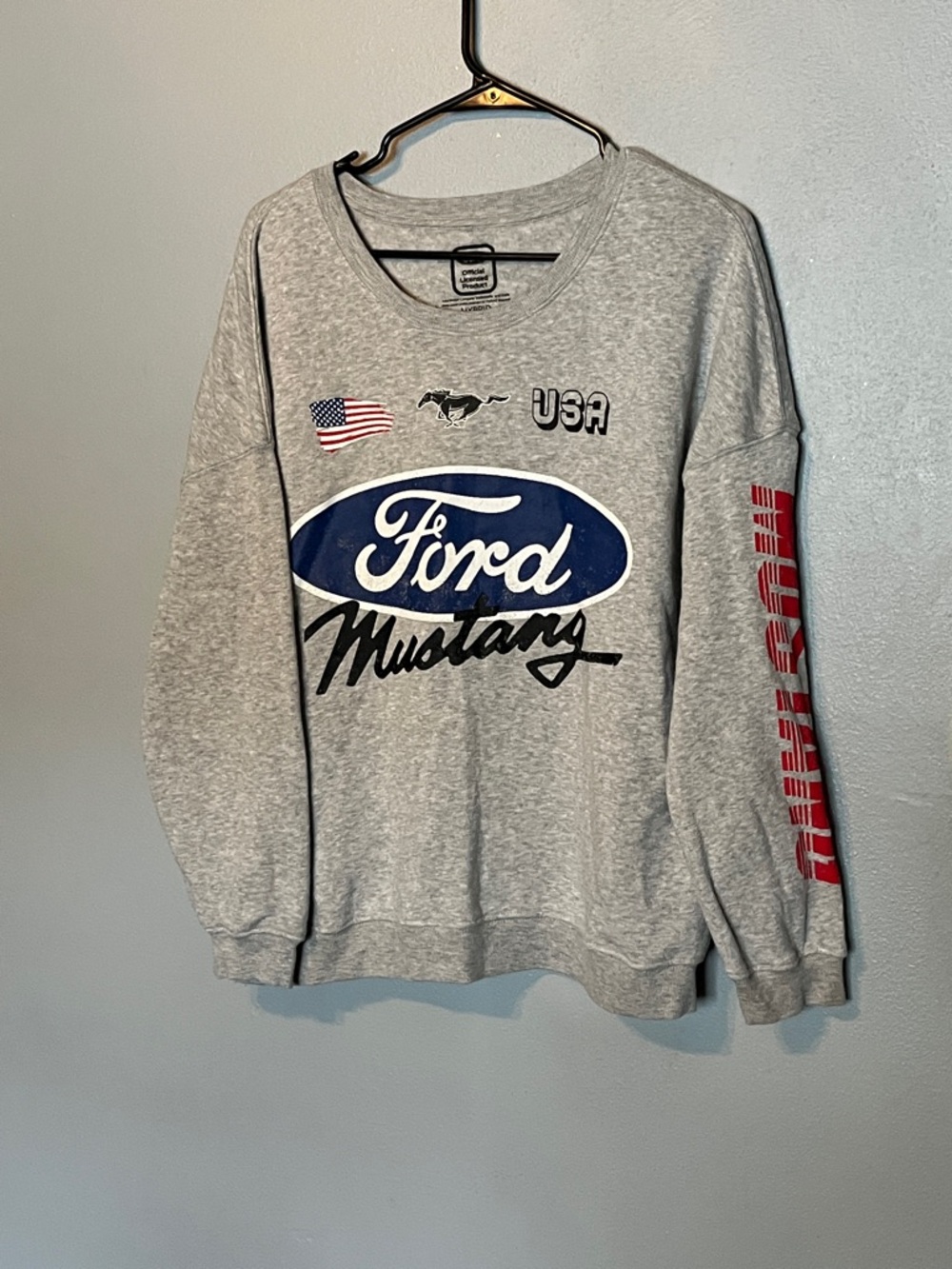 Ford Gray Mustang Logo Crewneck with Red Sleeve Detail